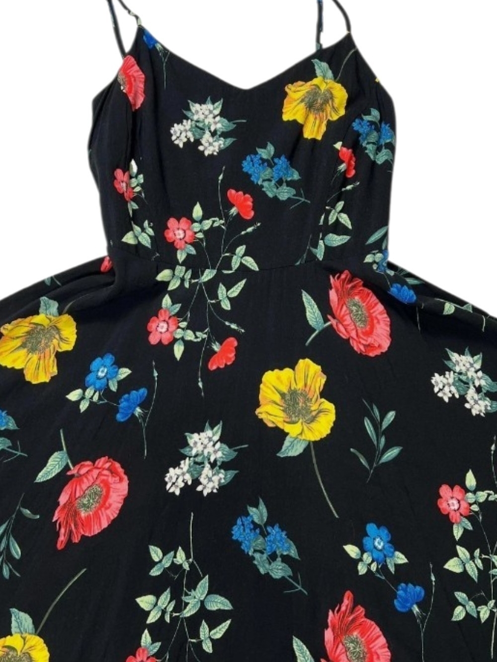 Black Floral Spaghetti Strap Dress with Vibrant Blooms
